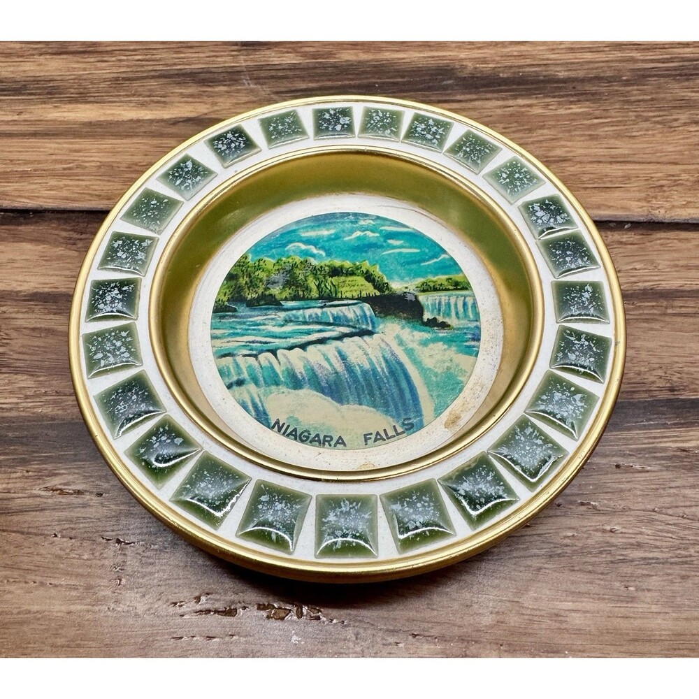 Vintage Niagara Falls Tin With Ceramic Tiles Ashtray Dish MCM